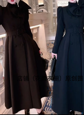千金风黑色蝴蝶结连衣裙女收腰显瘦长款气质裙名媛轻奢中长风衣潮