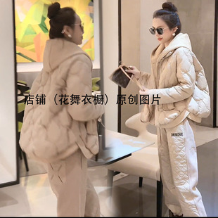 太好看了时髦欧货网红爆款连帽羽绒棉服外套加绒卫裤两件套装显瘦