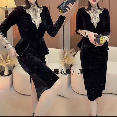 千金风立领蕾丝拼接连衣裙女假两件显瘦中长裙轻奢气质亮晶晶丝绒