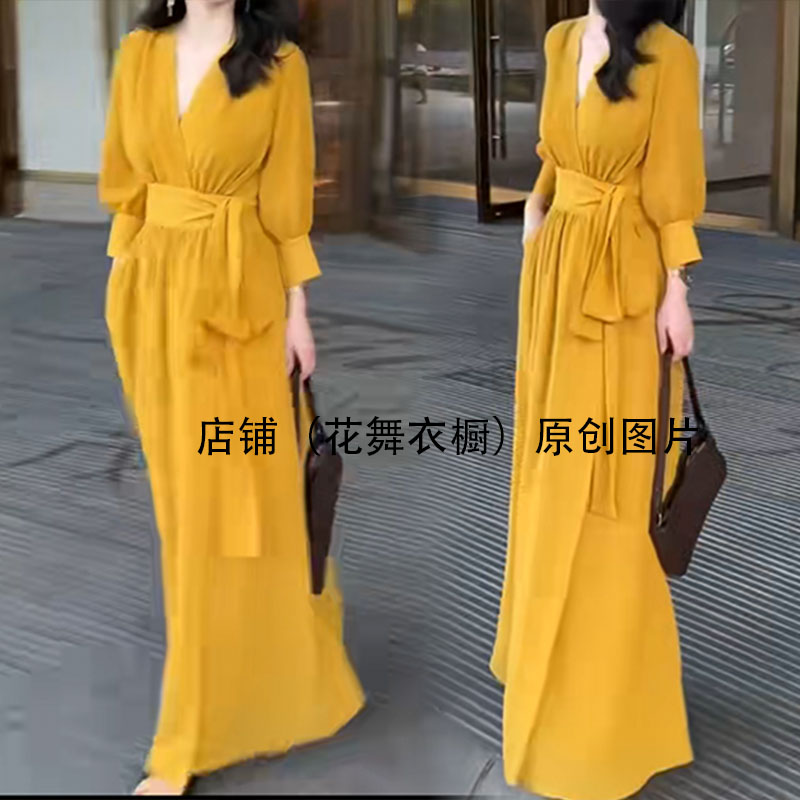 2025秋季穿搭特别漂亮掐腰裙巨好看巨好看气质高级感黄色连衣裙女