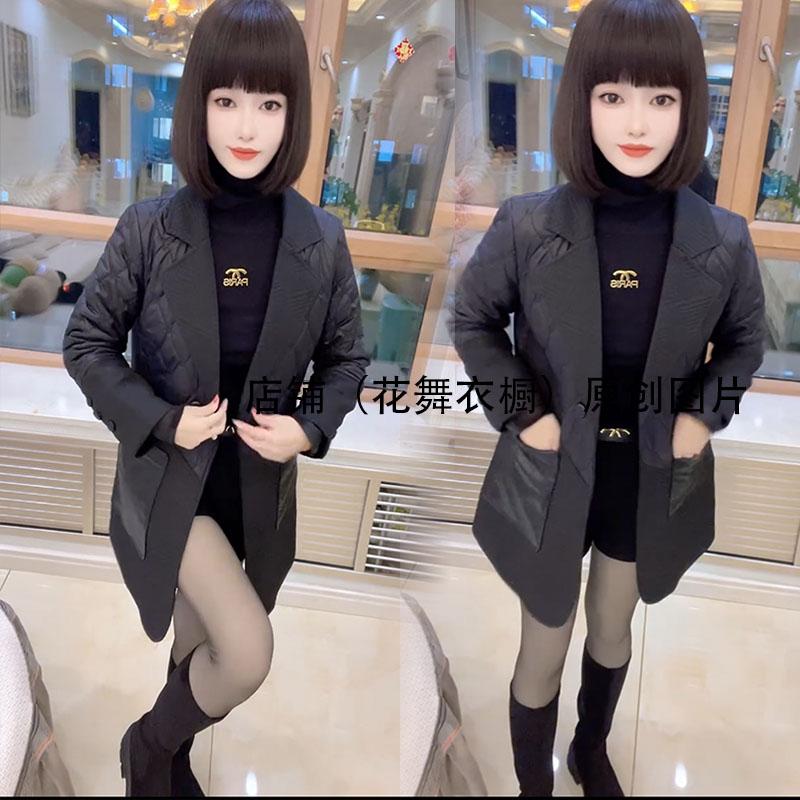 西装领洋气黑色女中长款2024秋冬新款韩版轻熟风显瘦棉服