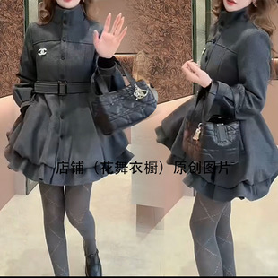 轻奢风立领收腰外套女中长款显瘦高级感赫本风外套花苞显瘦风衣裙