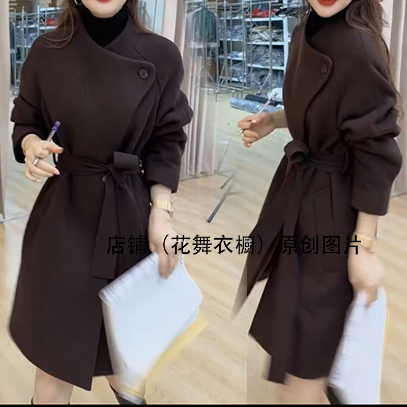 名媛潮高级感轻奢立领系带收腰毛呢外套女中长款显瘦百搭气质大衣