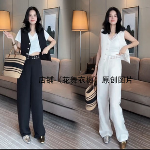 法式复古蕾丝拼接女士春季新款时尚无袖轻奢马甲直筒裤两件套装潮