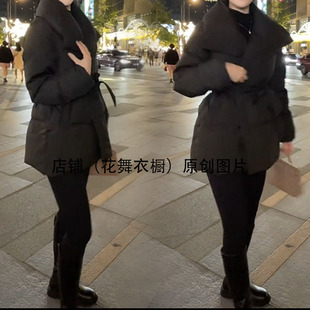 黑色高领腰带羽绒棉服女秋冬季保暖加厚收腰棉衣棉袄外套立领上衣