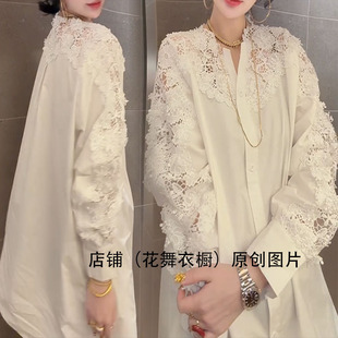 法式复古重工蕾丝衬衫长袖中长款宽松遮肉上衣显瘦艺术感宽松时尚