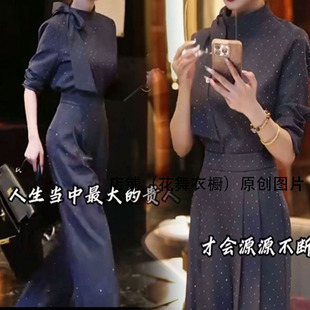 2025秋季新款时尚套装女灰色波点衬衫+高腰显瘦直筒裤两件套春秋