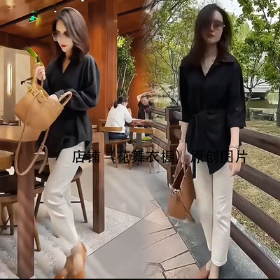 2025超火春季穿搭一整套大方得体高级感穿搭黑色衬衫两件套装裤女