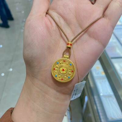 足金999烧蓝八宝罗盘吊坠黄金时来运转项链男女同款情侣吊坠