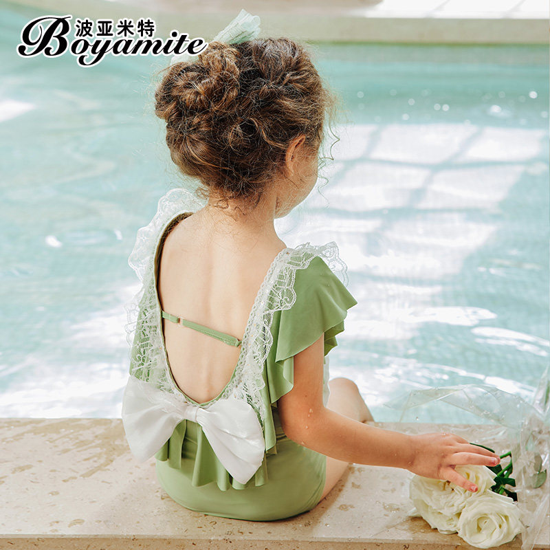 女童蕾丝a泳衣夏装2022新款儿童洋气V领泳装小女孩公主连体游泳衣