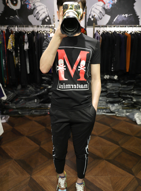 欧洲站时尚街头暗黑骷髅风前后印花黑白两色圆领修身短袖T恤男