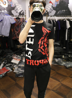 米兰站夏新品前后撞色印花圆领丝光棉街潮主流黑色修身短袖T恤男