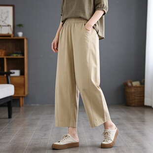 子弯刀裤 春夏季 百搭宽松九分裤 文艺棉质松紧腰休闲裤 跨境日韩 新款