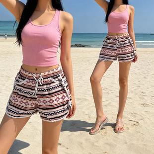 【现货】沙滩裤旅游宽松海滩海边冲浪女中裤短裤东南亚度假夏跨境