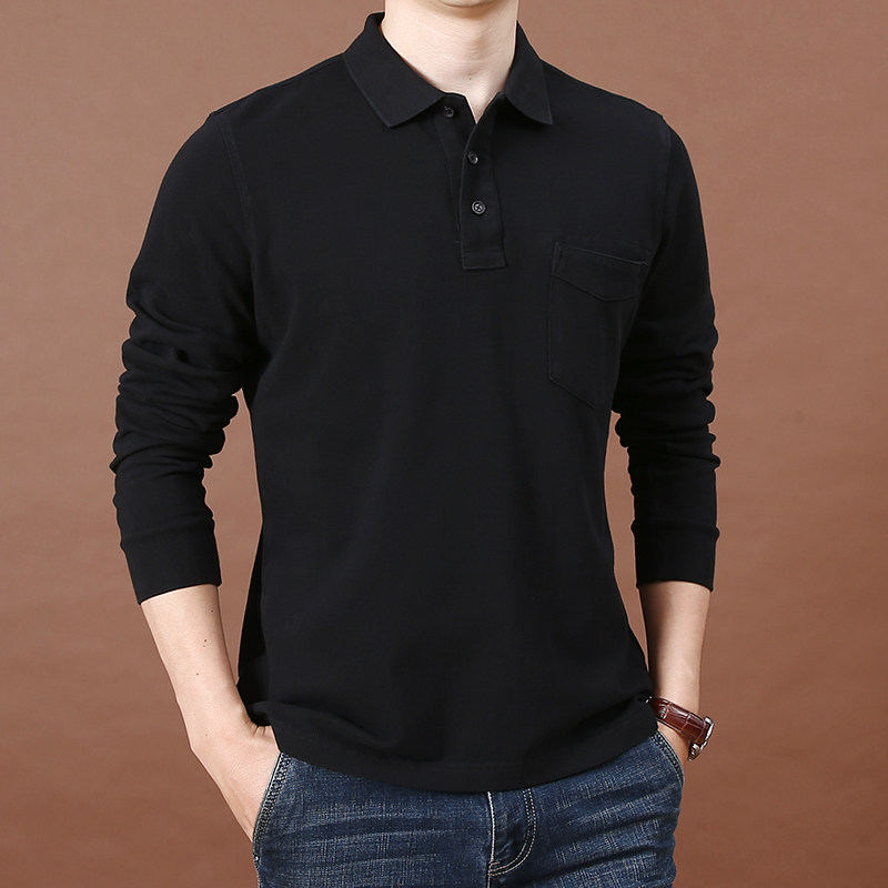 重度水洗纯棉加厚长袖t恤翻领polo衫中青年男士大码宽松纯色体恤