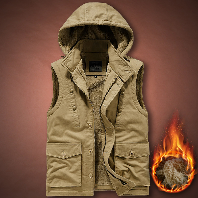 加绒马甲男多口袋工装外套秋冬宽松加厚保暖休闲纯棉背心男马夹潮