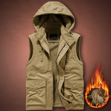 加绒马甲男多口袋工装外套秋宽松加厚保暖休闲背心男马夹潮1215u