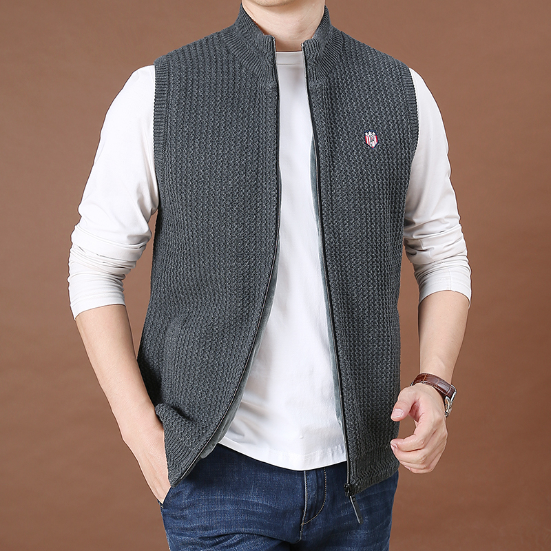 2025春季男士无袖针织开衫立领宽松毛衣男水洗纯棉加绒加厚马甲男