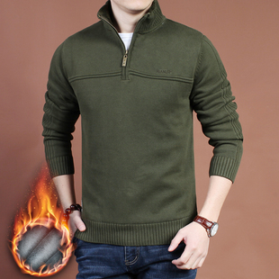 2025秋冬加绒加厚半拉链立领毛衣男士宽松大码纯色高领纯棉针织衫