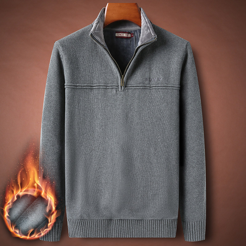 加绒加厚毛衣男秋冬季男士简约纯色高领针织衫中青年宽松立领上衣