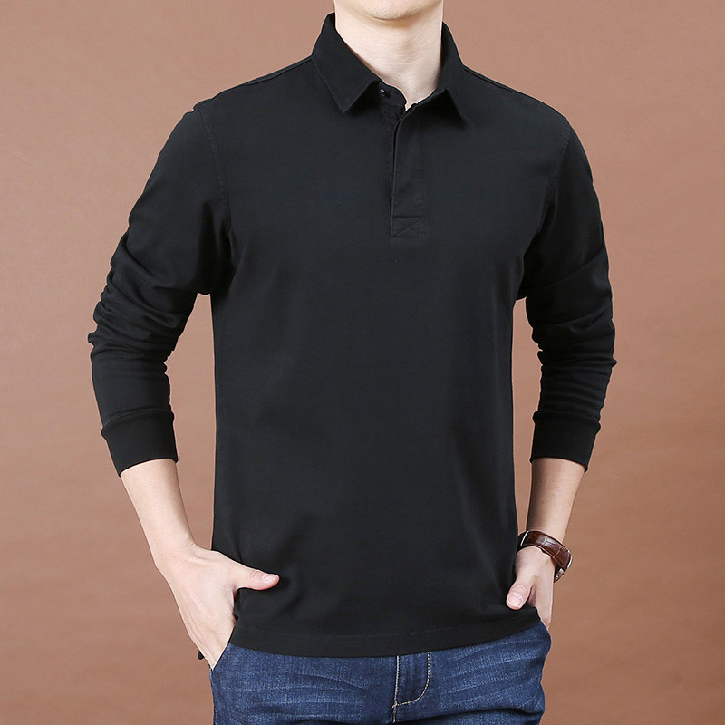 2026春季男士长袖T恤男休闲大码宽松polo衫纯色翻领厚款纯棉上衣