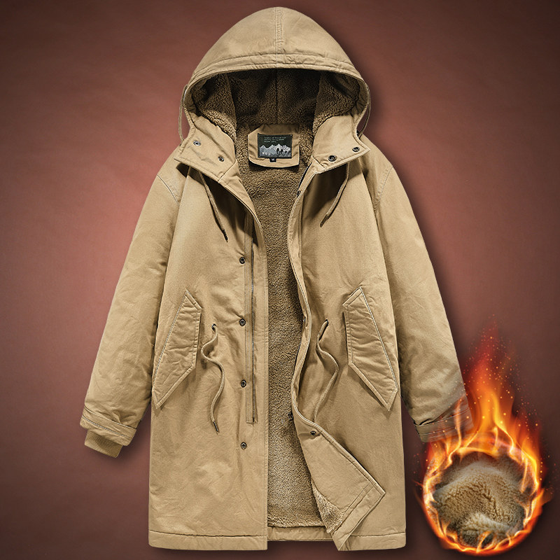 复古海军水洗纯棉棉衣男中长款2025冬季时尚羊羔绒防风连帽棉袄潮