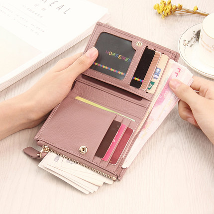 真皮钱包女式新款搭扣钱包卡包一体大容量零钱包夹多功能竖款钱包