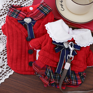 狗狗秋冬衣服小型犬冬天保暖加绒冬装圣诞情侣装英伦学院带牵引环