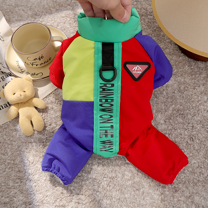 狗狗秋季新款衣服幼犬小型犬运动风防风泰迪带牵引环加绒拼色冬装
