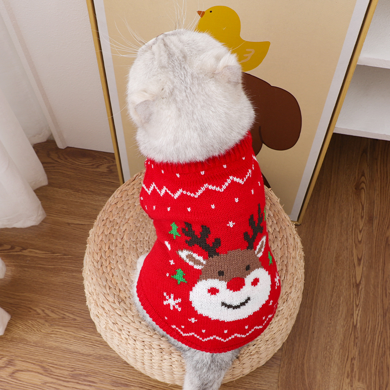 猫咪衣服秋季保暖幼猫防掉毛圣诞麋鹿毛衣针织衫红色新年美短起司