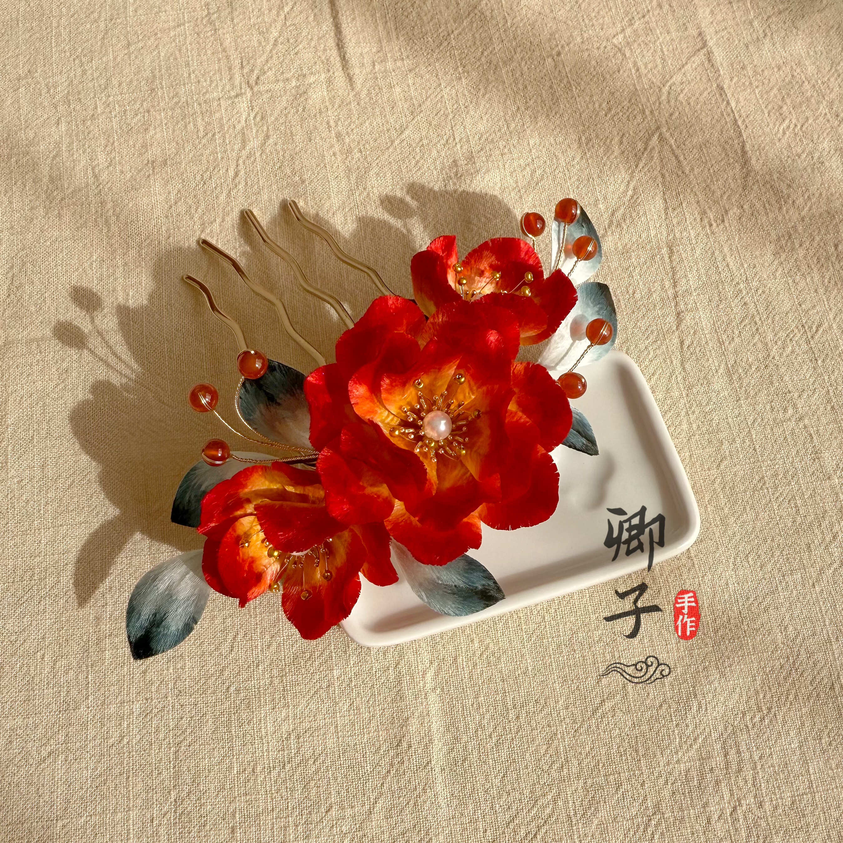 『卷珠帘』卿子手作非遗绒花蚕丝纯手工古风牡丹汉服发饰婚嫁配饰