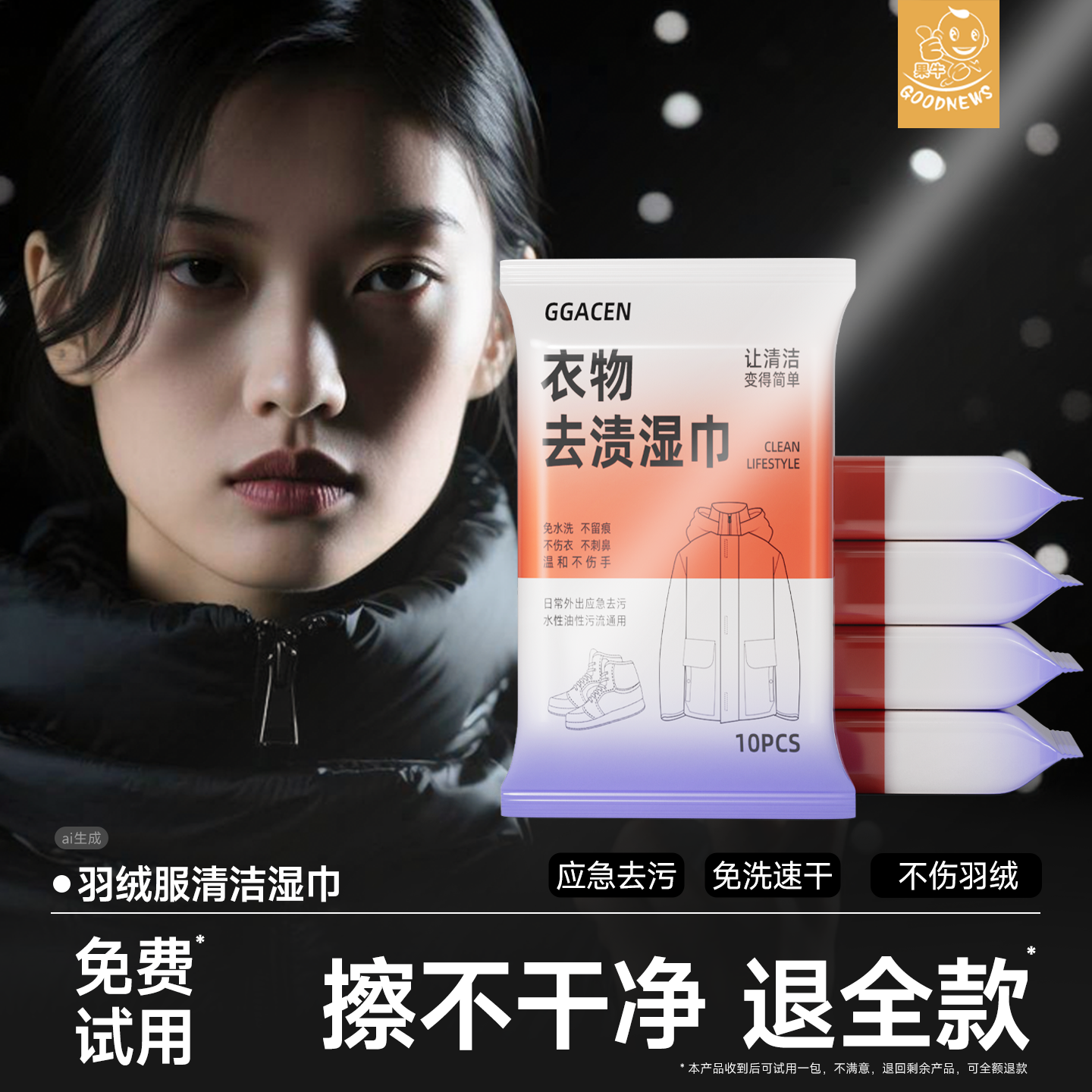 羽绒服免洗清洁湿巾纸应急去污冲锋衣物去渍专用干洗湿纸巾便携装