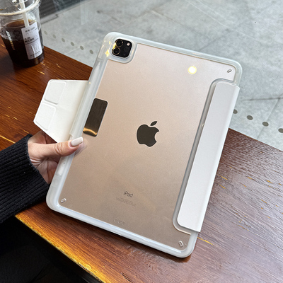 适用苹果2024ipadpro保护套搭扣3+y三折air6磁吸10.2带笔槽12.9新款10.5代mini防弯4透明软包边壳亚克力壳9.7