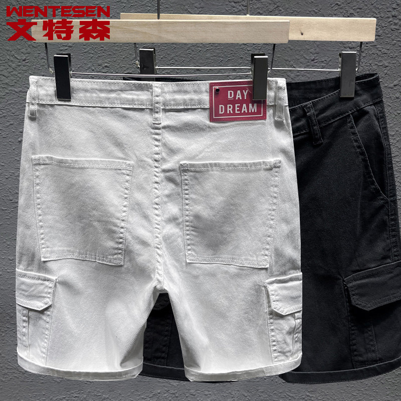 纯棉多口袋潮牌纯色牛仔短裤男修身弹力宽松休闲黑白色五分裤子男