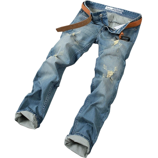 秋冬浅色破洞牛仔裤男直筒修身型潮流宽松休闲青年薄款乞丐裤男裤