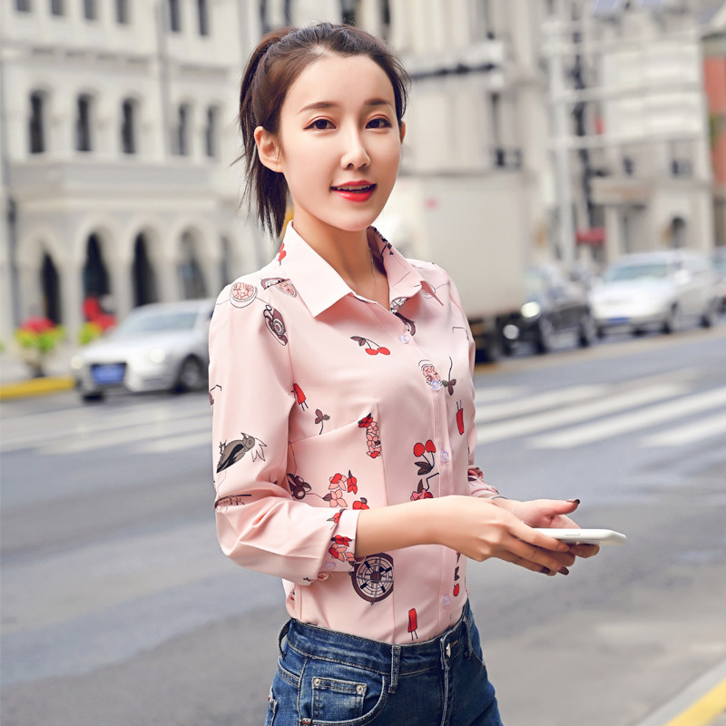 纯色衬衣女士职业打底衫韩版女衬衫长袖印花女上衣修身款秋季女装