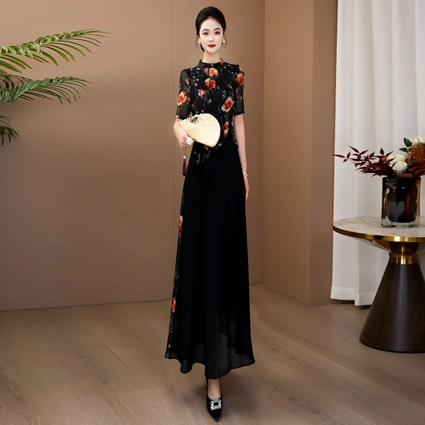 黑色连衣裙女2026新款夏时尚减龄裙子气质显瘦假两件雪纺长裙471
