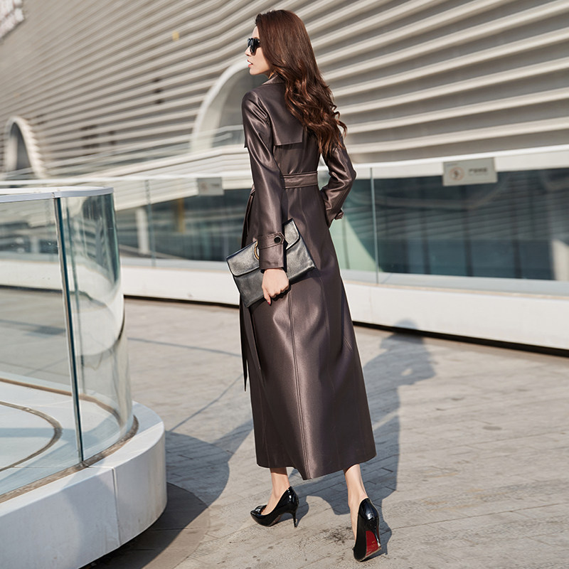 咖色亮面女风衣大衣2020秋气质流行收腰超长款外套英伦风过膝3004