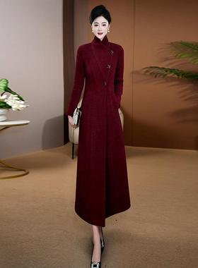 红色色毛呢外套高端冬季新款收腰气质呢大衣女过膝超长到脚踝5089