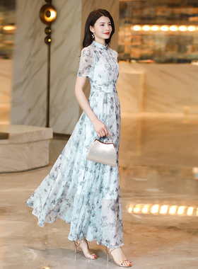 新中式水墨印花连衣裙高端气质显瘦新款女夏季超长裙到脚踝1932