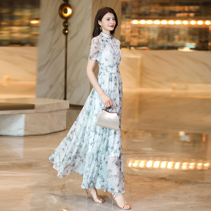 新中式水墨印花连衣裙高端气质显瘦新款女夏季超长裙到脚踝1932