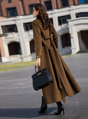 咖绿色毛呢外套气质冬季新款收腰气质呢大衣女过膝超长到脚踝5058