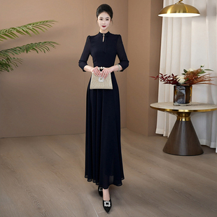 蓝色连衣裙2026夏季 收腰显瘦气质告知得体立领长裙331 新款