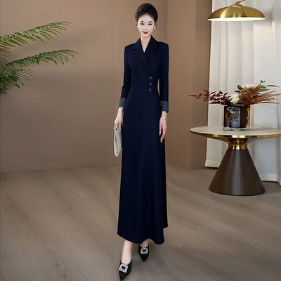 拼接长袖长款连衣裙收腰早春