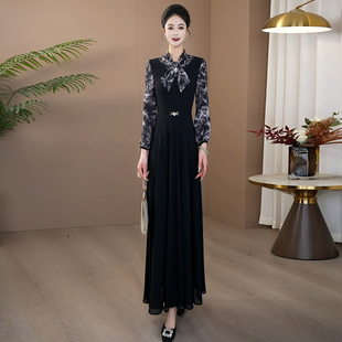 春夏黑色拼接连衣裙2026巨好看蝴蝶结领收腰气质高端大气长裙335