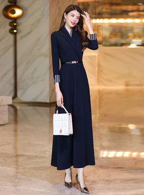 春季新款正式场合连衣裙女气质显瘦轻奢高级感长袖超长裙1042