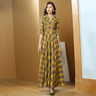 气质大摆拖地长裙1454 领修身 黄色格子纹连衣裙春秋2024年新款 西装