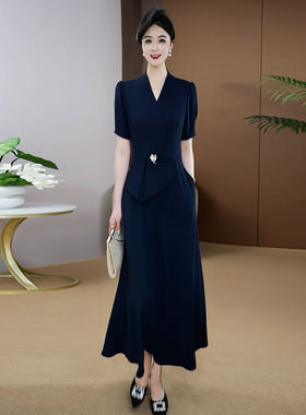 清仓捡漏藏蓝色2025夏季新款上新短袖连衣裙显白高级感假两件063