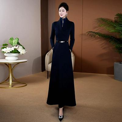 藏蓝色假两件加绒加厚气质高级感连衣裙2025新款女秋冬超长裙1089