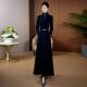 藏蓝色假两件加绒加厚气质高级感连衣裙2025新款 女秋冬超长裙1089
